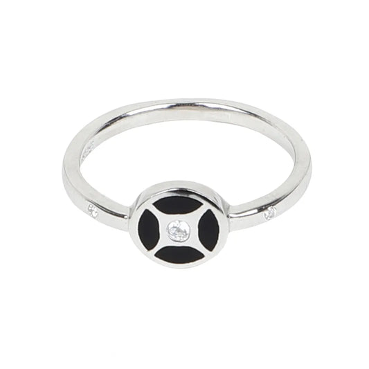 Stylish 925 Sterling Silver Black Enamel Round Ring with Sparkling Stone for Women