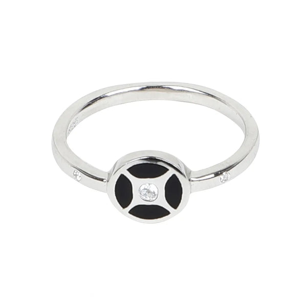 Stylish 925 Sterling Silver Black Enamel Round Ring with Sparkling Stone for Women