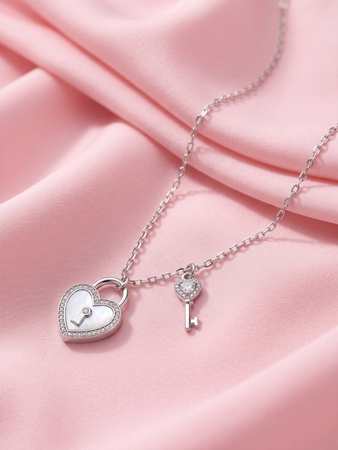 SYLVEXIA 925 Sterling Silver Heart Lock and Key Pendant Necklace for Women