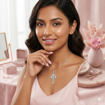 Sylvexia 925 Sterling Silver Heart Key Pendant for Women with CZ