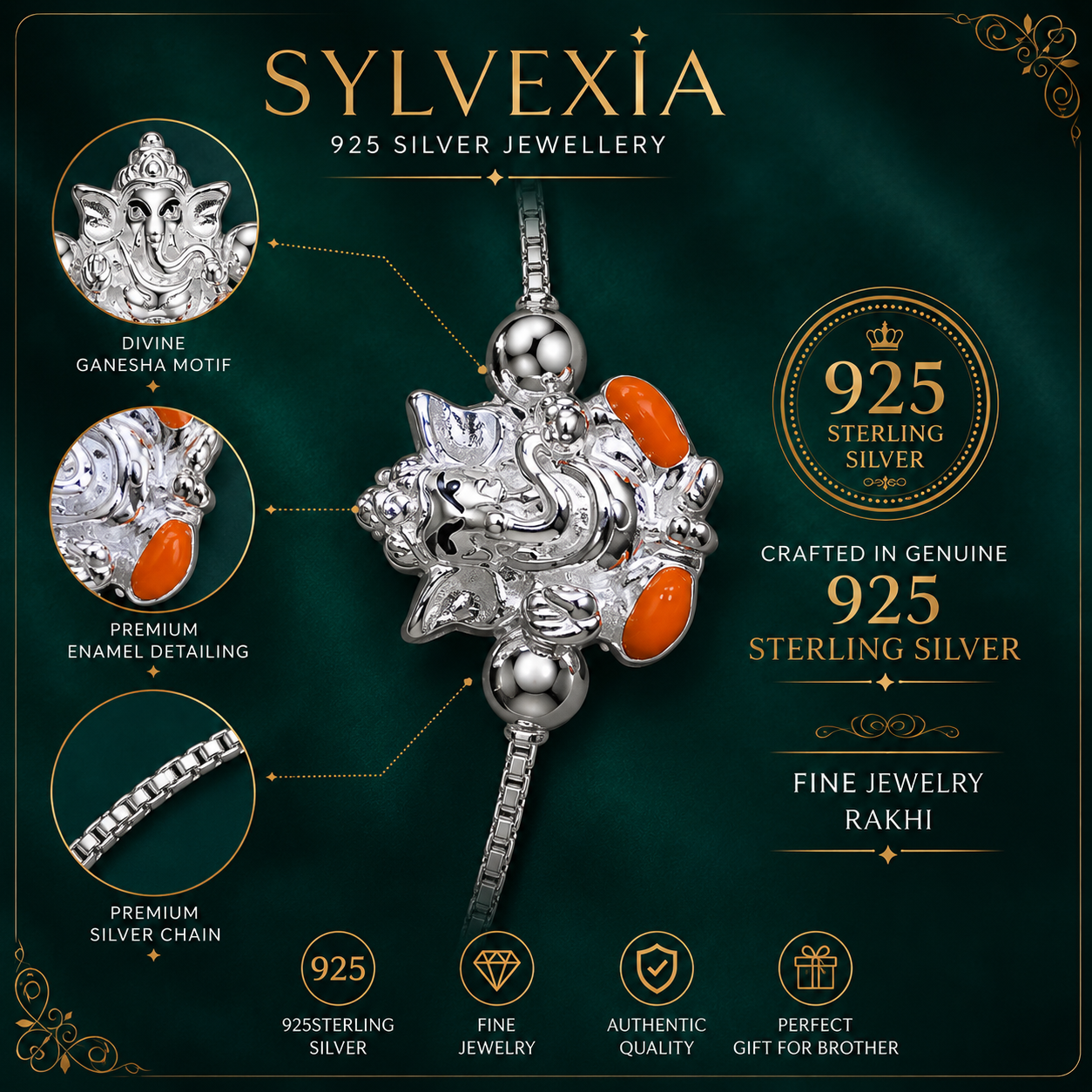 SYLVEXIA 925 Sterling Silver Orange Color Ganesha Rakhi Bracelet for Brother