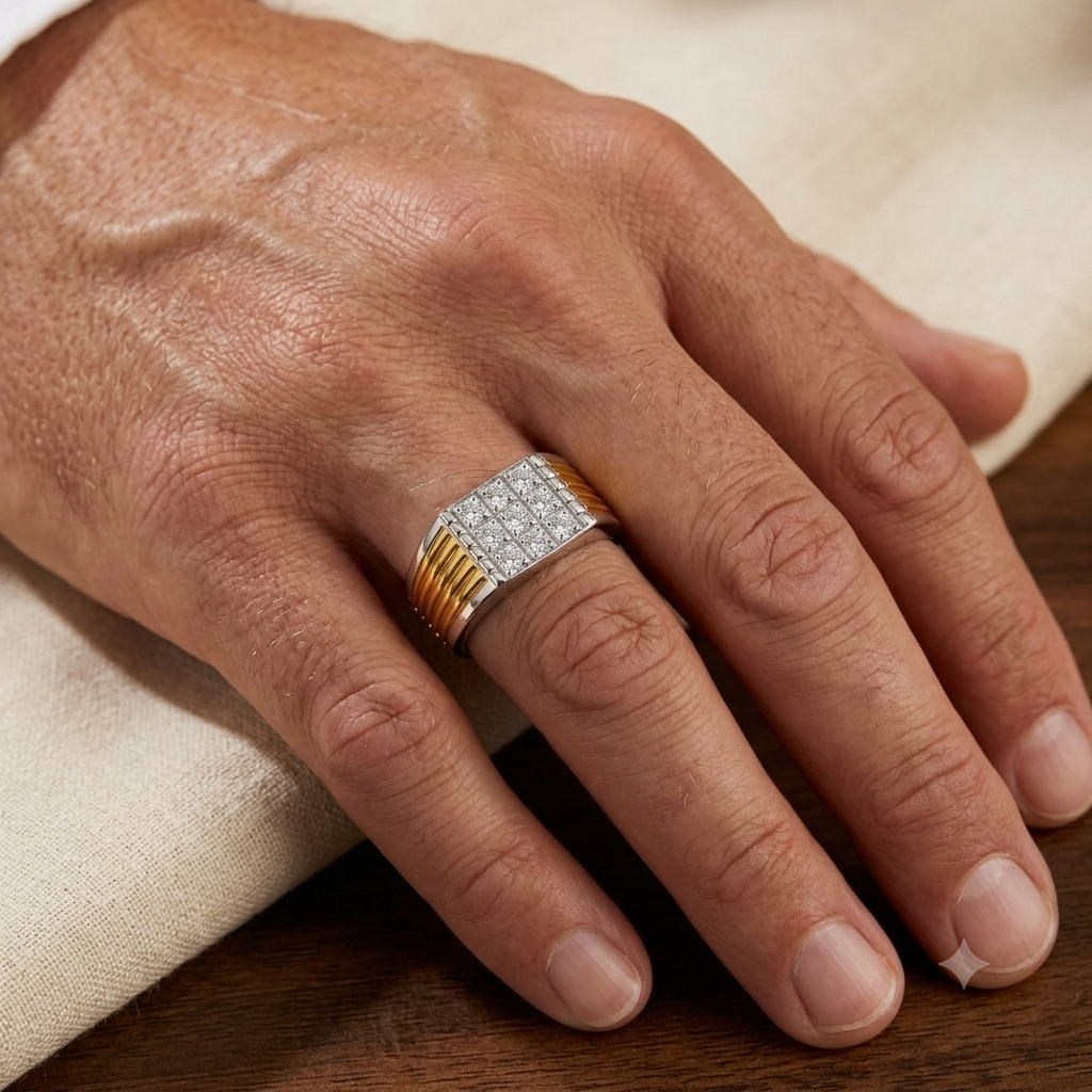 Two Tone 925 Sterling Silver Mens Square CZ Signet Ring