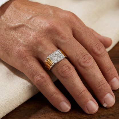 Two Tone 925 Sterling Silver Mens Square CZ Signet Ring