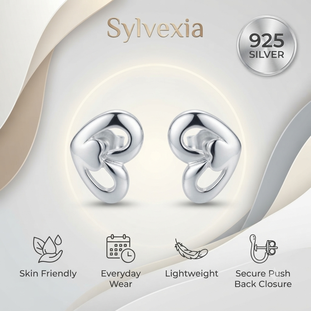 Sylvexia Silver Split Heart Crystal Stud Earrings