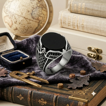 Sylvexia 925 Sterling Silver Men's Black Oval Signet Ring with Engraved Band
