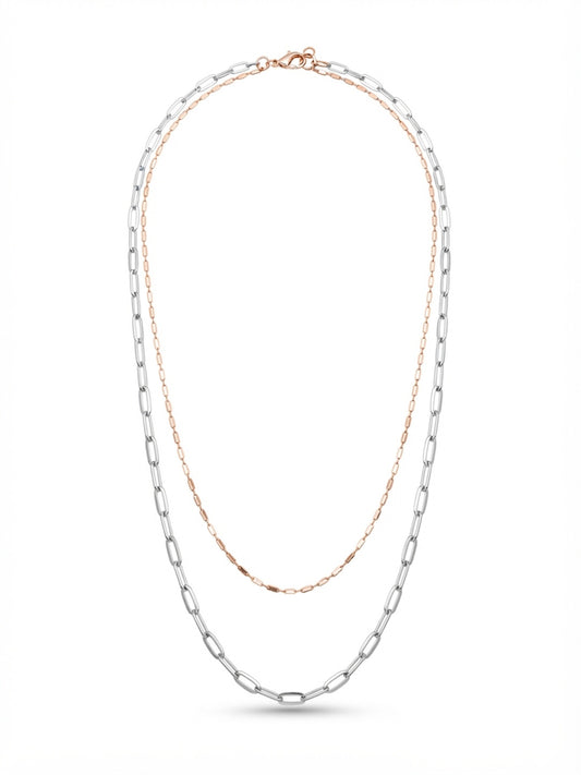 925 streling Silver Dual Layered Chain Necklace, Rose Gold and Silver Tone