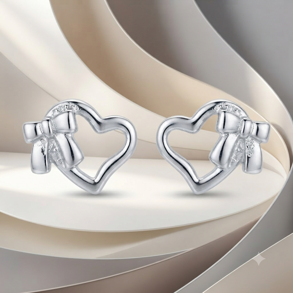 SYLVEXIA 925 Sterling Silver Open Heart Bow Stud Earrings for Women