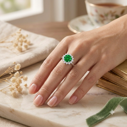SYLVEXIA Round Cut Green Emerald Halo Ring in 925 Sterling Silver with CZ Accents for Women