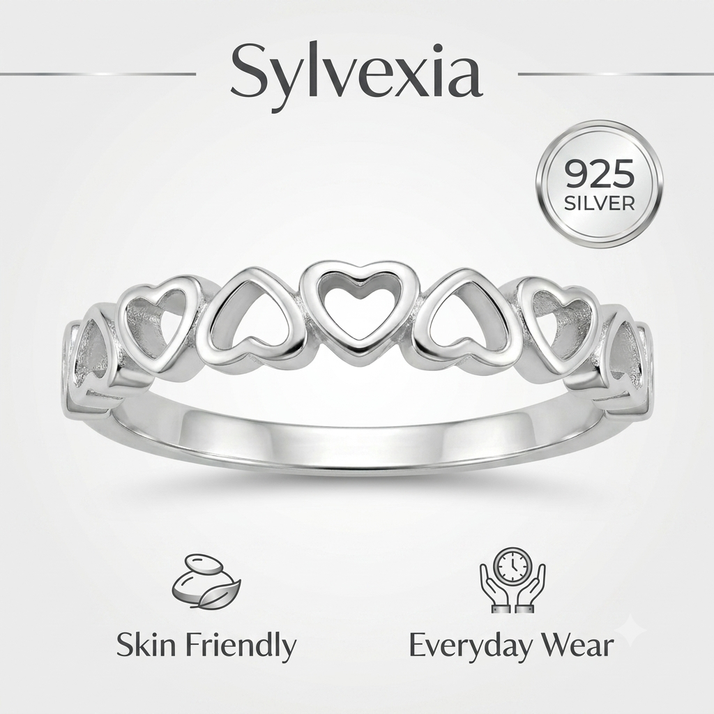 SYLVEXIA 925 Sterling Silver Open Heart Band Ring for Women