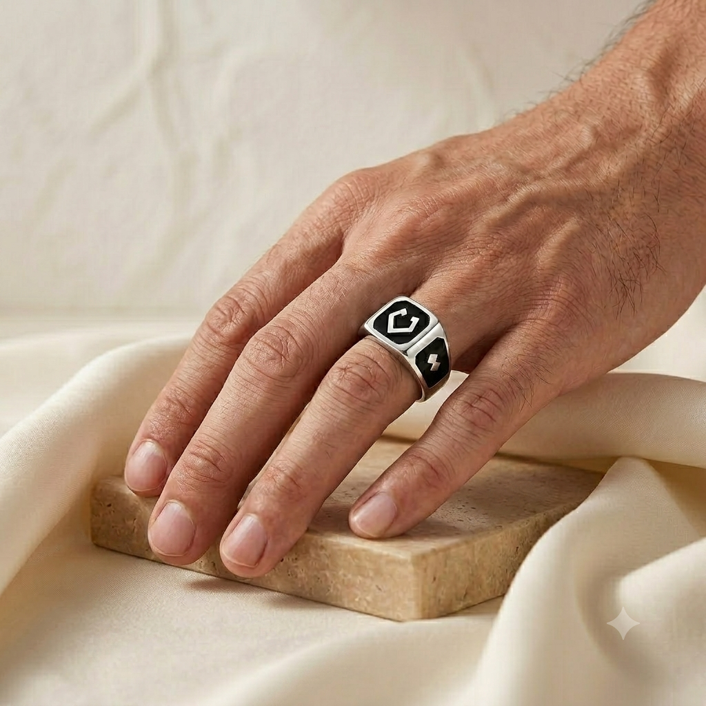 925 Sterling Silver Mens Black Enamel Greek Key Band Ring