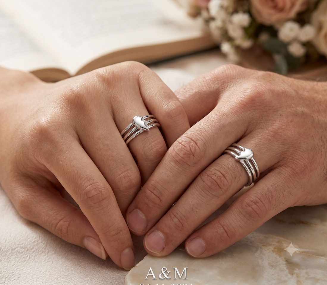 925 Sterling Silver Two Half Heart Couple Ring
