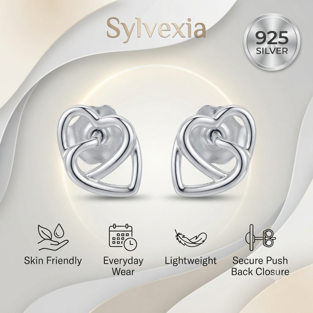 SYLVEXIA 925 Sterling Silver Open Heart Stud Earrings for Women
