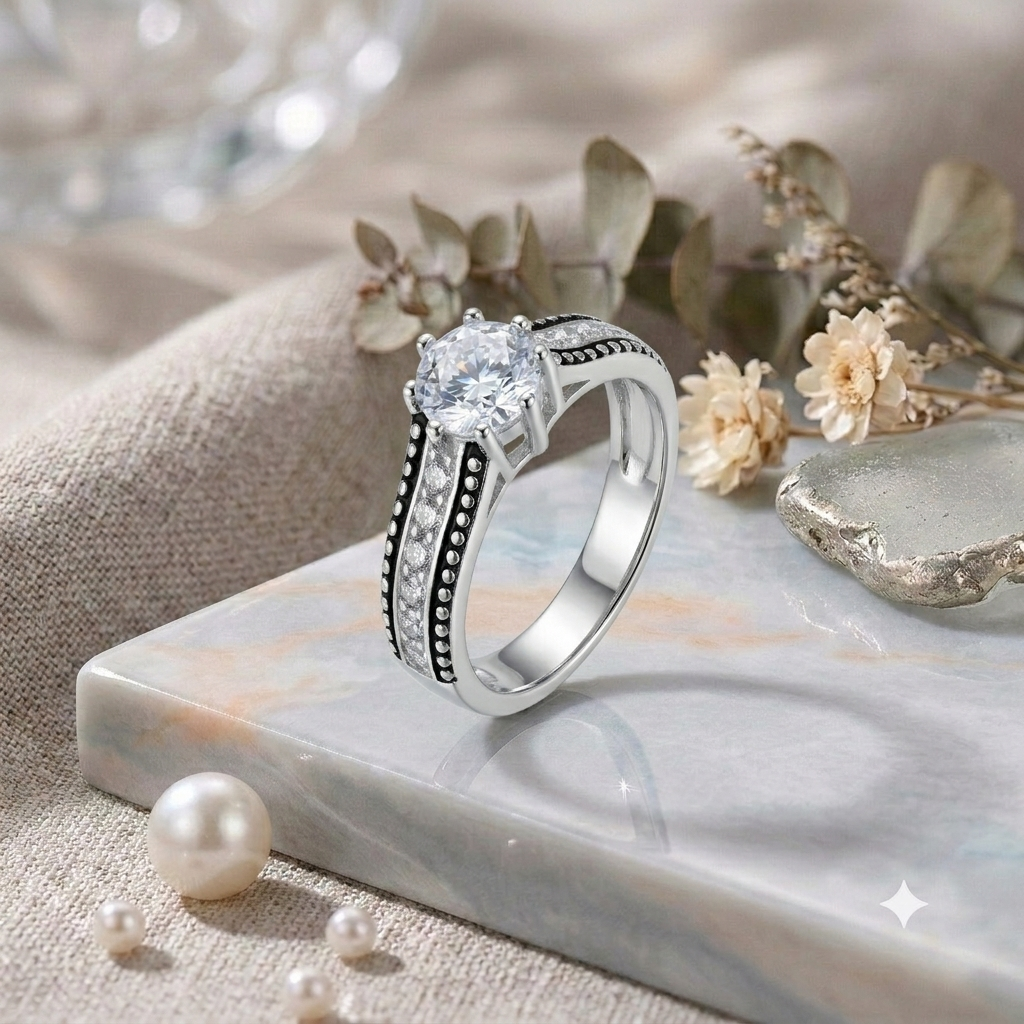 Sylvexia 925 Sterling Silver Vintage Round Solitaire CZ Ring for Women