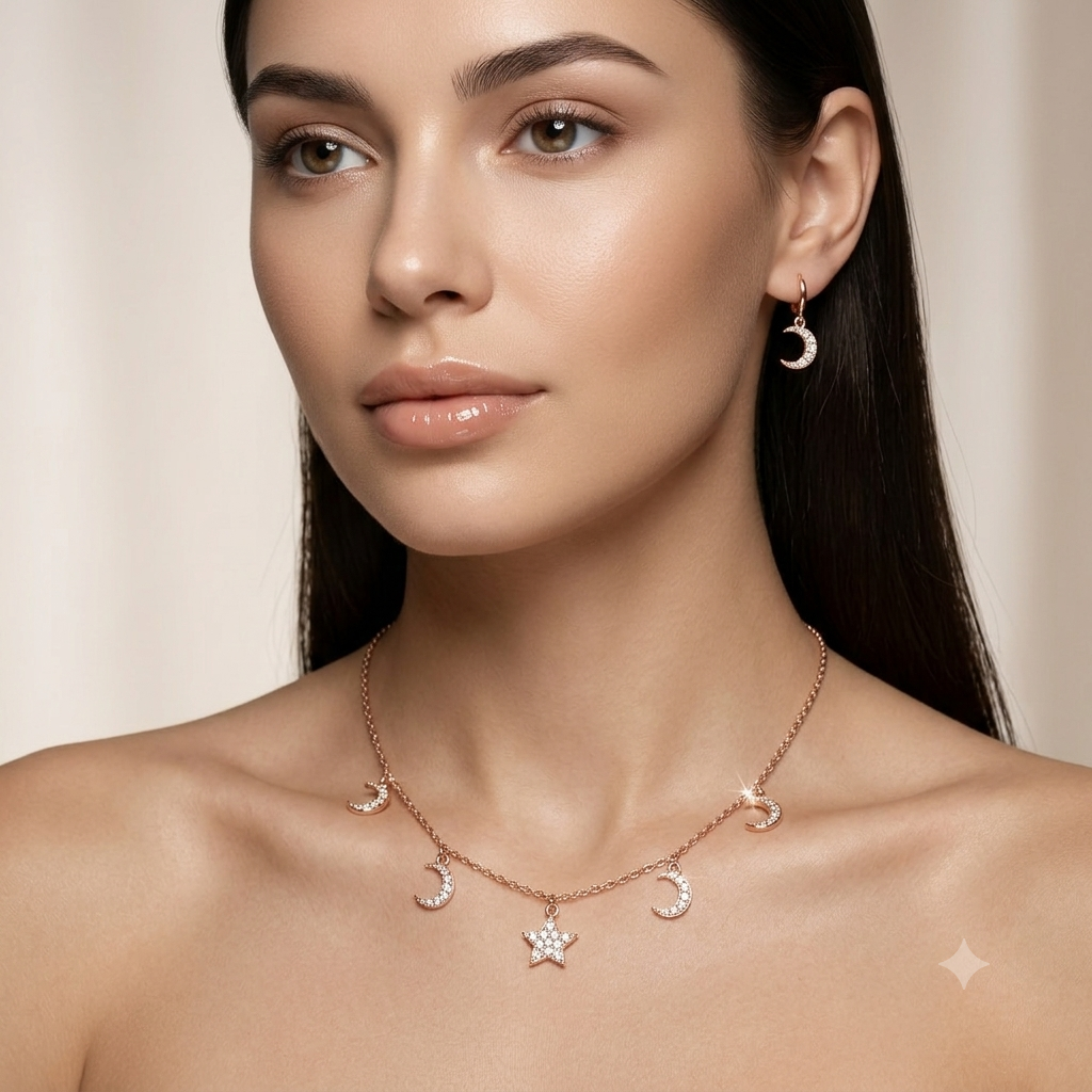 SYLVEXIA 925 Sterling Silver Rose Gold Moon & Star CZ Necklace for Women