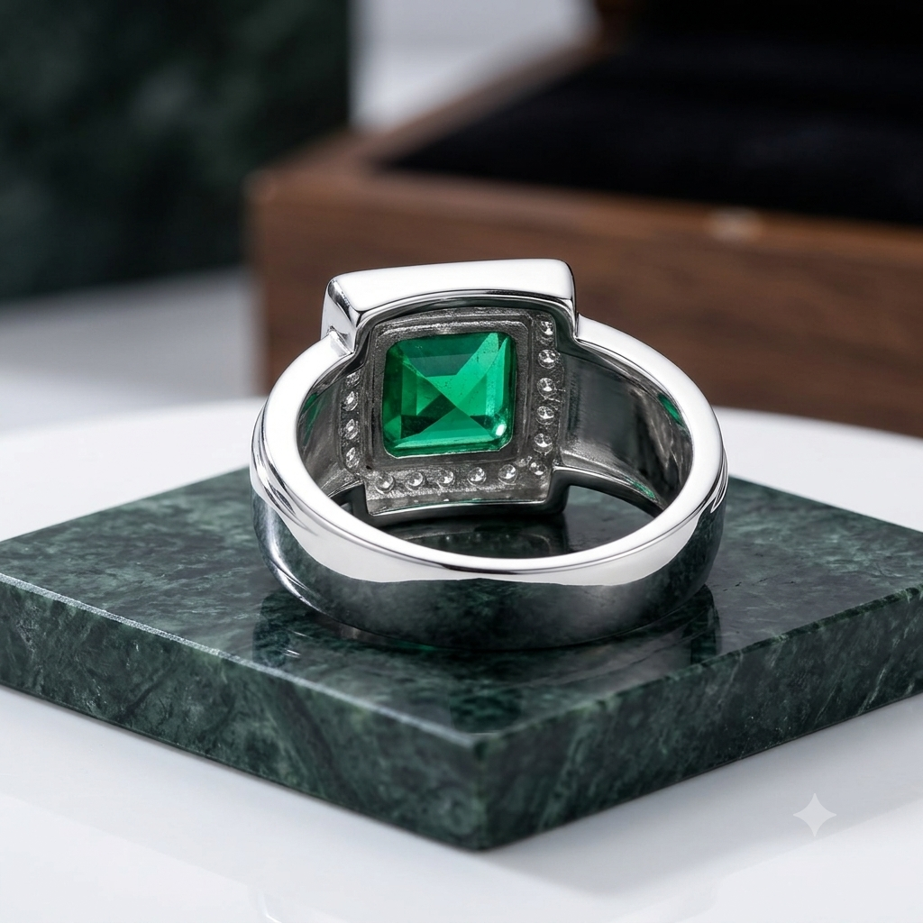 SYLVEXIA Emerald Cut Green Emerald Halo Ring in 925 Sterling Silver with CZ Accents for Women
