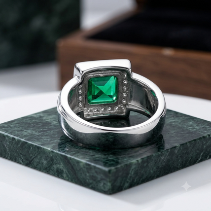 SYLVEXIA Emerald Cut Green Emerald Halo Ring in 925 Sterling Silver with CZ Accents for Women