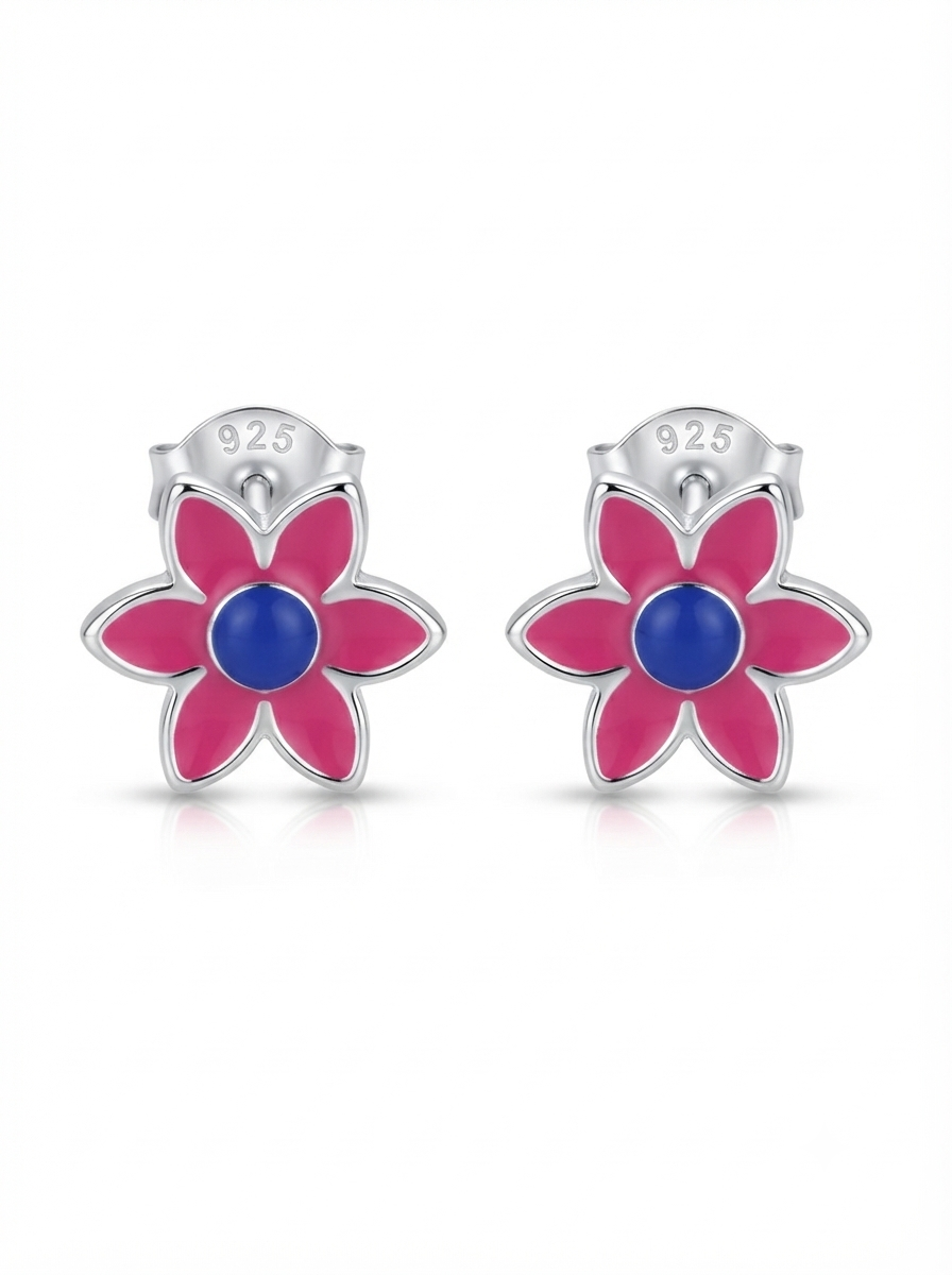 SYLVEXIA 925 Sterling Silver Pink Floral Stud Earrings for Girls
