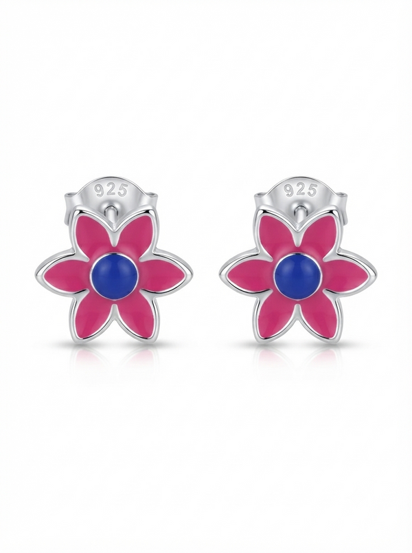 SYLVEXIA 925 Sterling Silver Pink Floral Stud Earrings for Girls