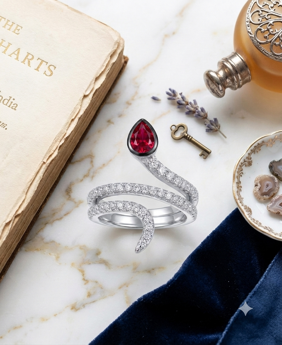 925 Sterling Silver Snake Wrap CZ Ring with Red Pear Stone