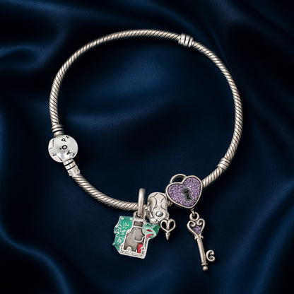 Women’s Silver Charm Bracelet with Heart Lock & Key Charms
