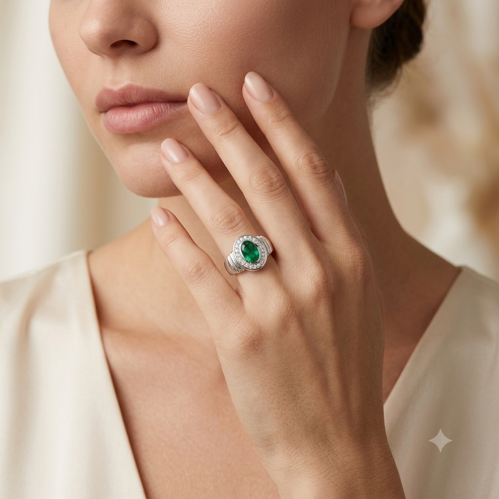 SYLVEXIA Oval Cut Green Emerald Halo Ring in 925 Sterling Silver for Women