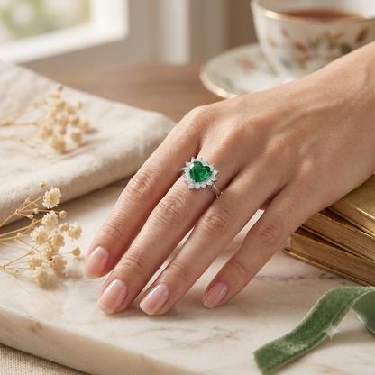 Sylvexia Heart Cut Green Emerald Halo Ring in 925 Sterling Silver Ring for Women