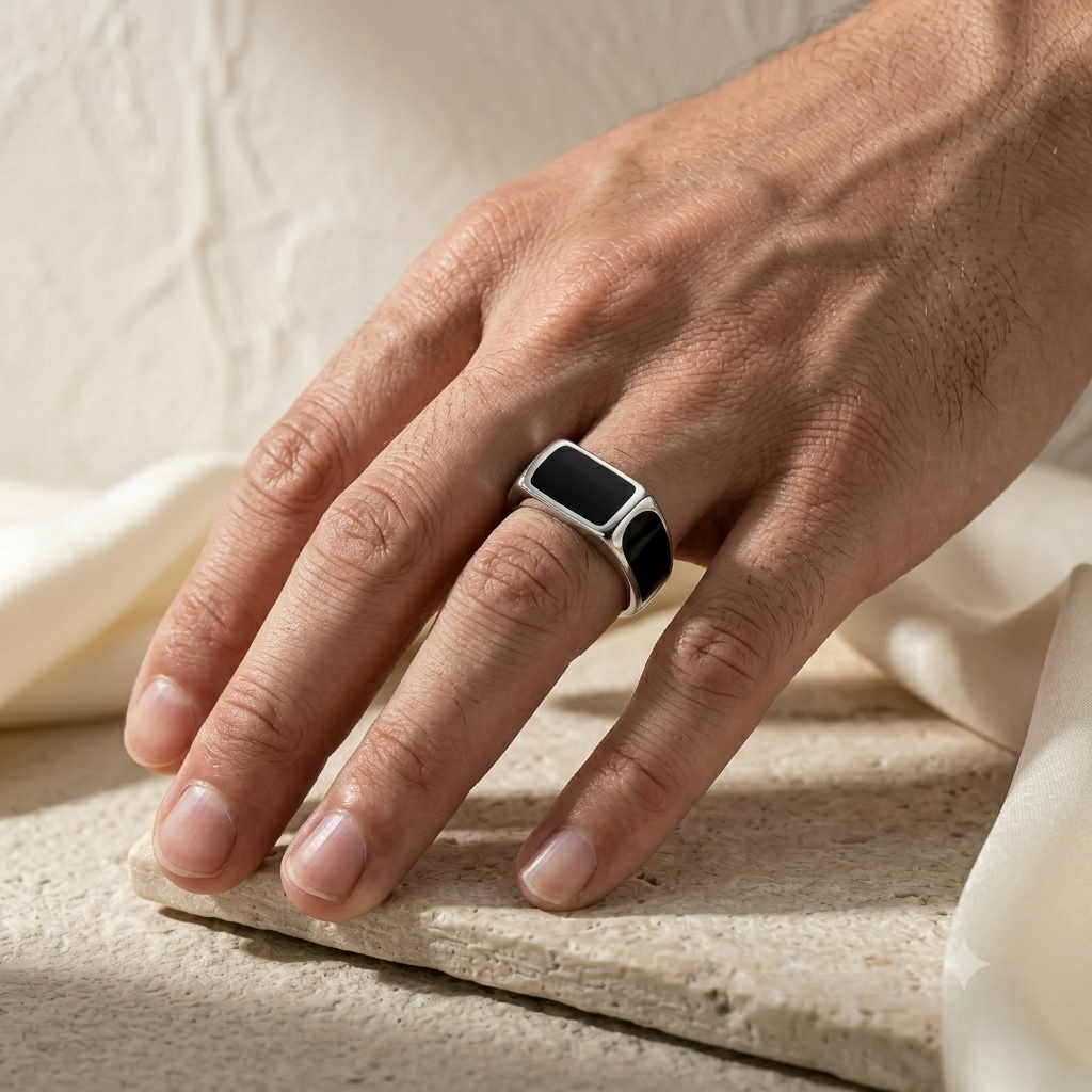 925 Sterling Silver Mens Black Enamel Statement Ring