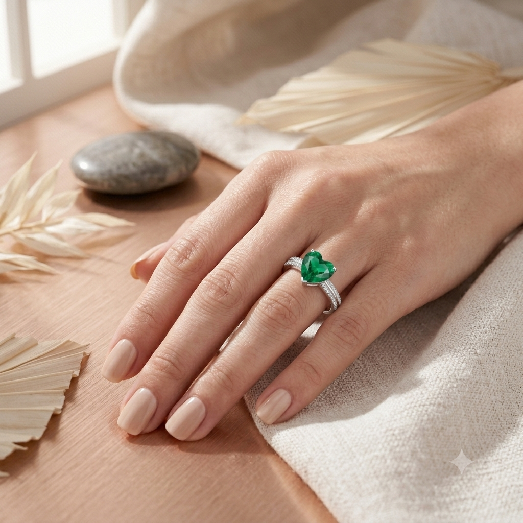 Sylvexia 925 Sterling Silver Emerald Green Heart CZ Ring for Women
