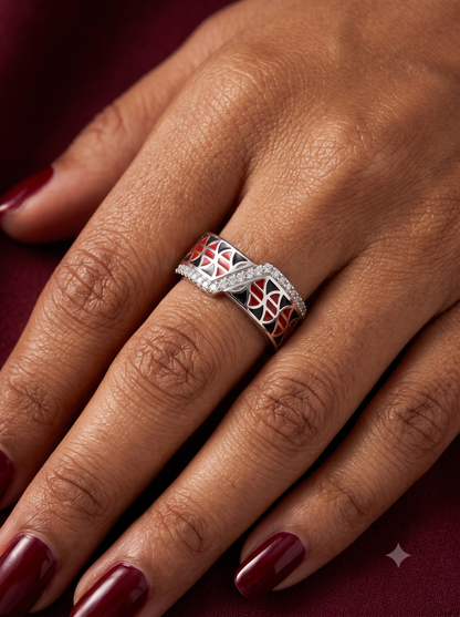 SYLVEXIA 925 Sterling Silver Red Black Geometric Ring