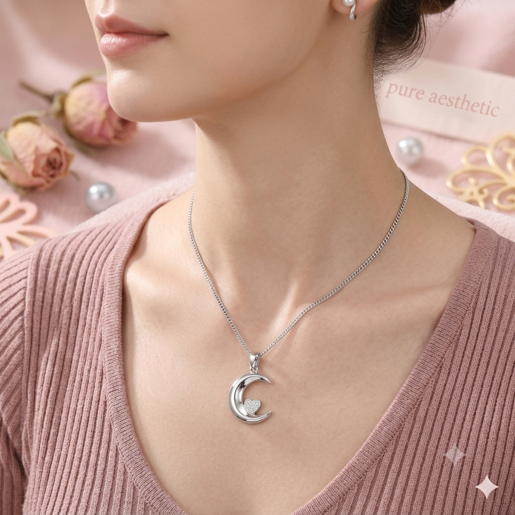 Sylvexia 925 Sterling Silver Moon Heart Pendant for Women with CZ