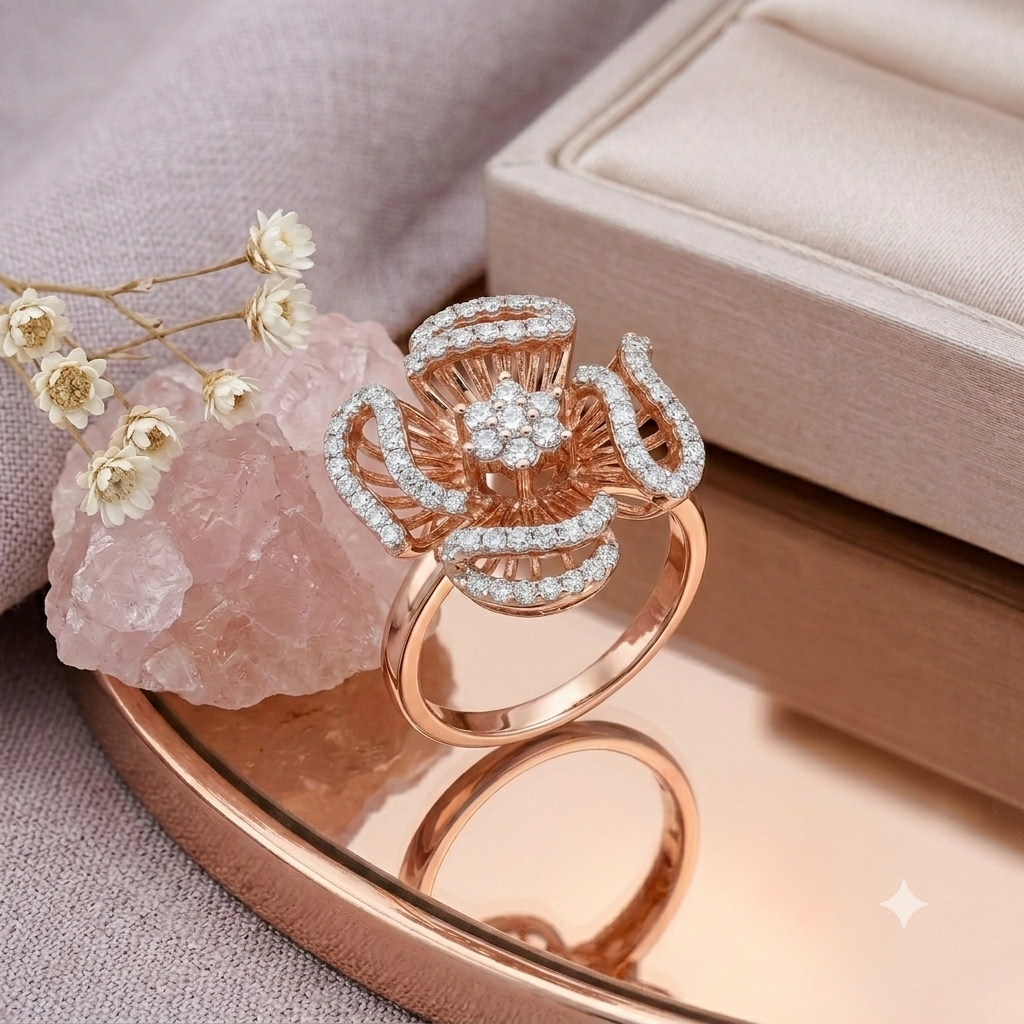 Sylvexia 925 Sterling Silver Rose Gold Floral CZ Statement Ring for Women