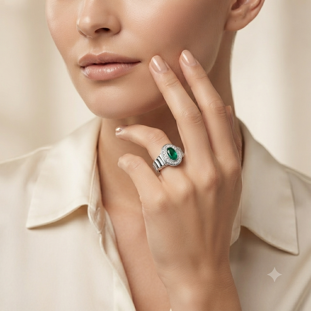 SYLVEXIA Oval Cut Green Emerald Halo Ring in 925 Sterling Silver with CZ Accents for Women