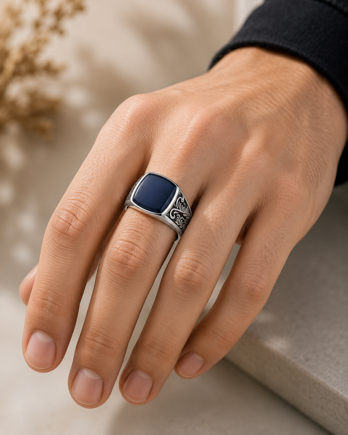 Sylvexia 925 Sterling Silver Men's Blue Oval Signet Ring with Engraved Band