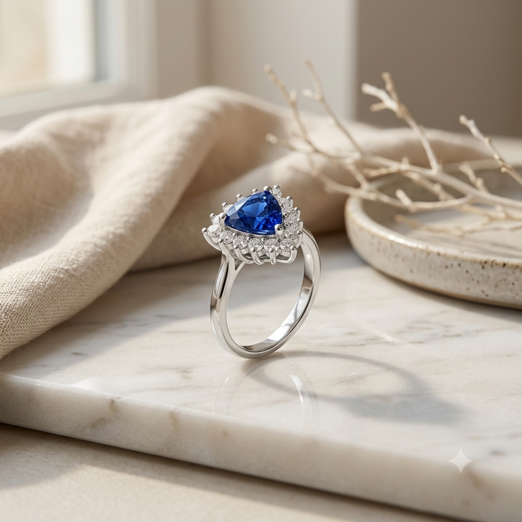 SYLVEXIA Trillion Cut Blue Sapphire Halo Ring for Women in 925 Sterling Silver with Cubic Zirconia Accents