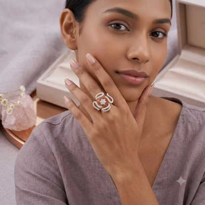 Sylvexia 925 Sterling Silver Rose Gold Floral CZ Statement Ring for Women