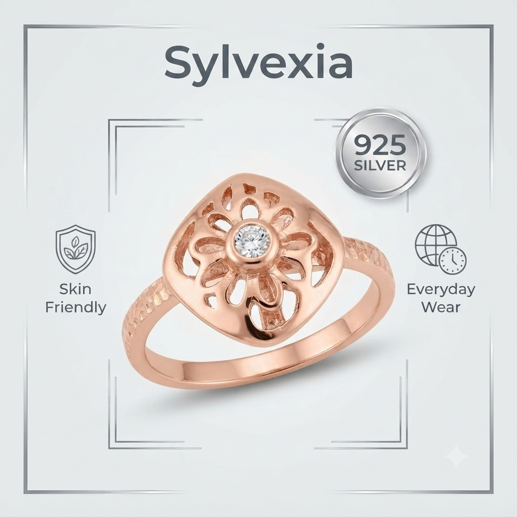 SYLVEXIA 925 Sterling Silver Rose Gold Plated Floral CZ Ring for Women