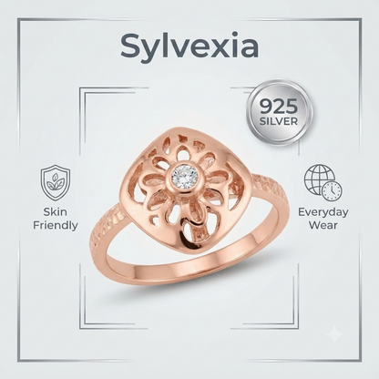 SYLVEXIA 925 Sterling Silver Rose Gold Plated Floral CZ Ring for Women