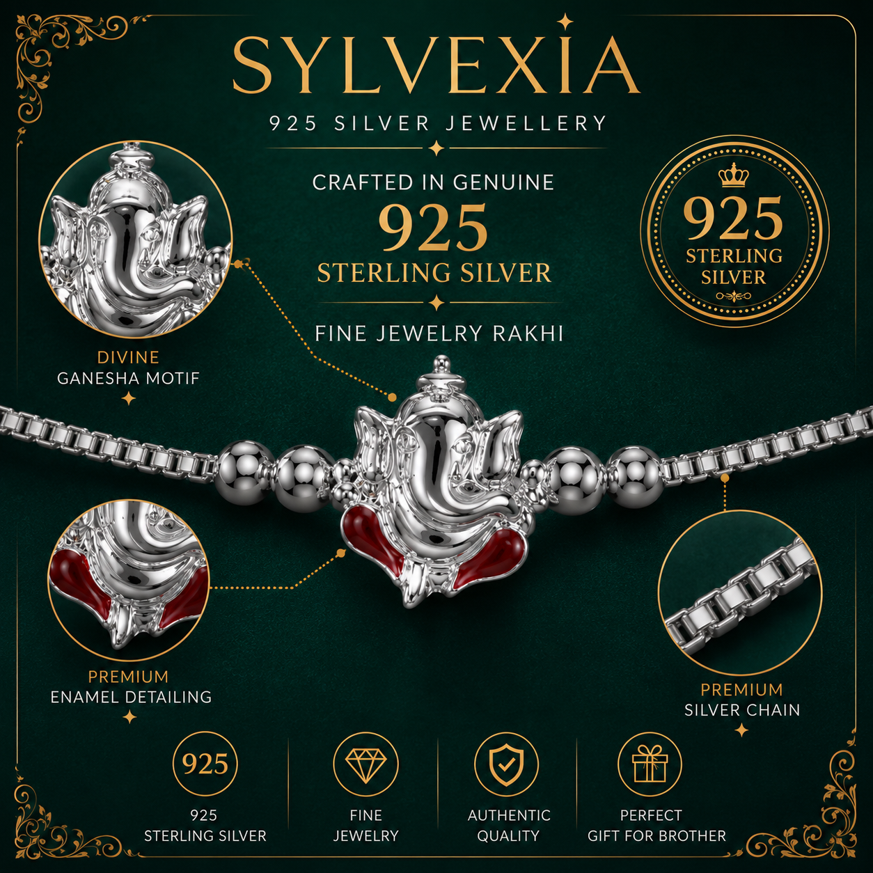 SYLVEXIA 925 Sterling Silver Maroon Color Ganesha Rakhi Bracelet for Brother