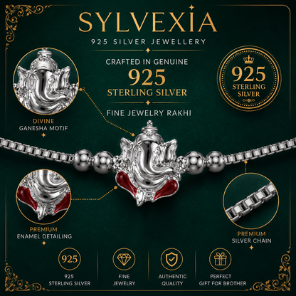 SYLVEXIA 925 Sterling Silver Maroon Color Ganesha Rakhi Bracelet for Brother