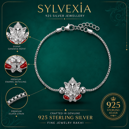 SYLVEXIA 925 Sterling Silver Red Ganesha Rakhi Bracelet for Brother