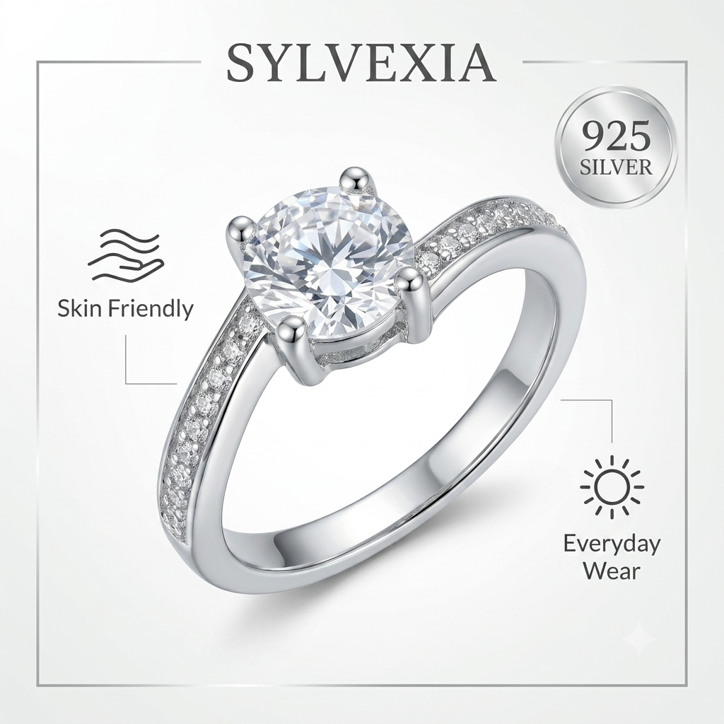 SYLVEXIA 925 Sterling Silver Classic Solitaire CZ Ring with Pavé Band