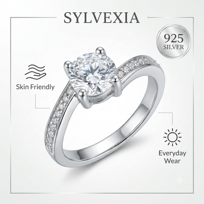 SYLVEXIA 925 Sterling Silver Classic Solitaire CZ Ring with Pavé Band