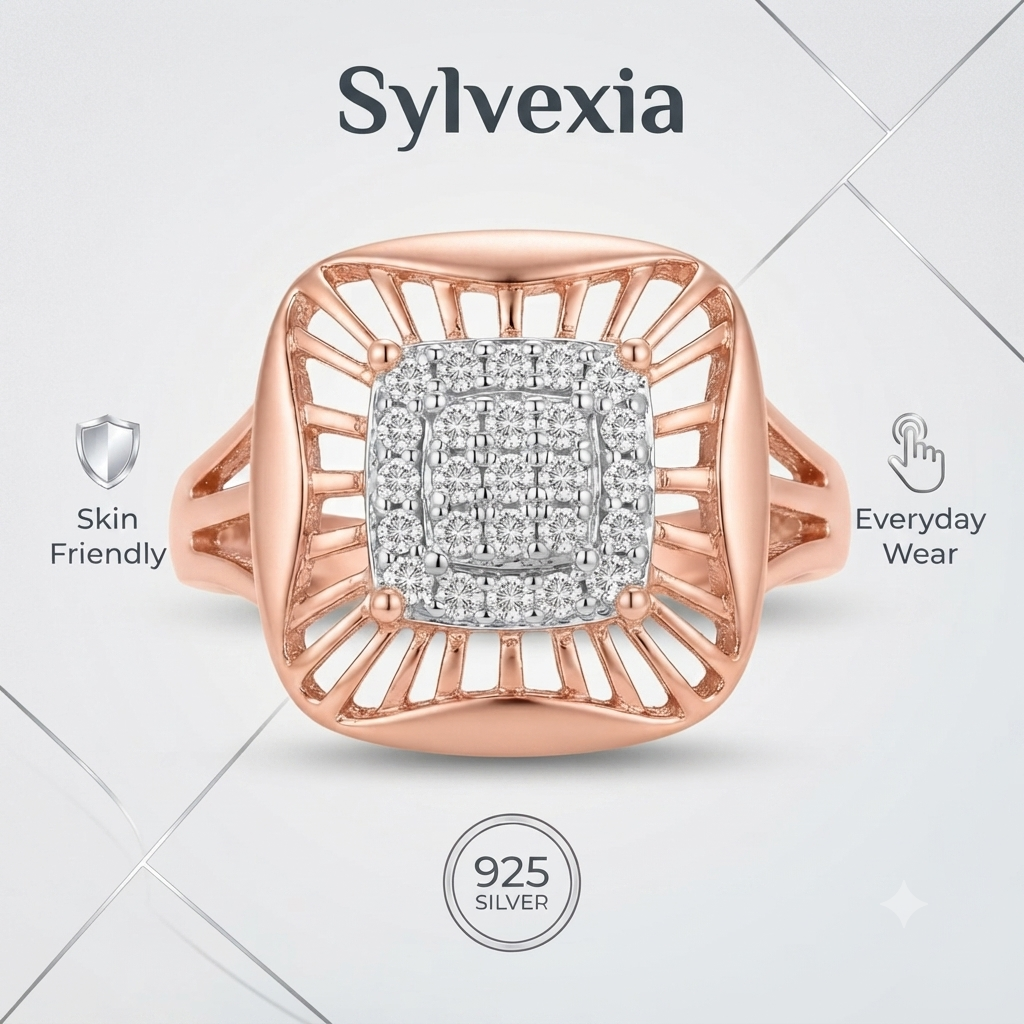 SYLVEXIA 925 Sterling Silver Two Tone Floral Cluster Cubic Zirconia Ring for Women