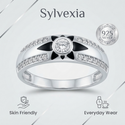 Sylvexia 925 Sterling Silver Black Enamel CZ Floral Band Ring for Women