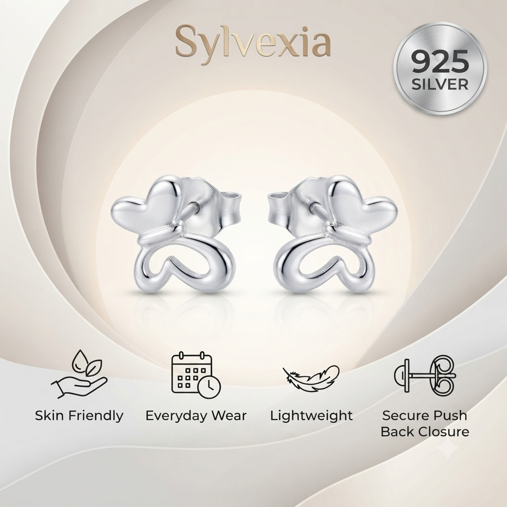 Sylvexia Silver Butterfly Bow Crystal Stud Earrings for Women