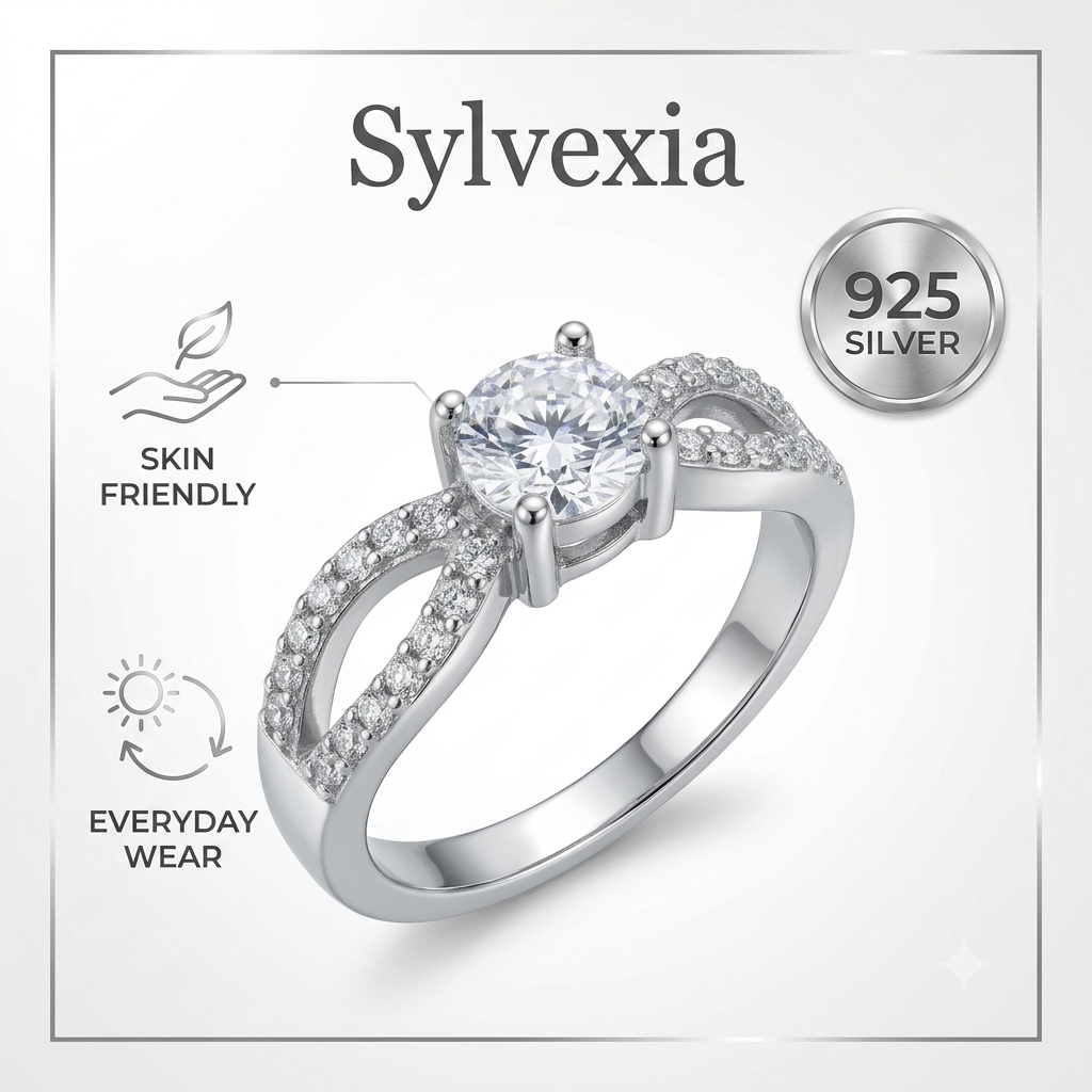 SYLVEXIA 925 Sterling Silver Round Cut Cubic Zirconia Ring for Women