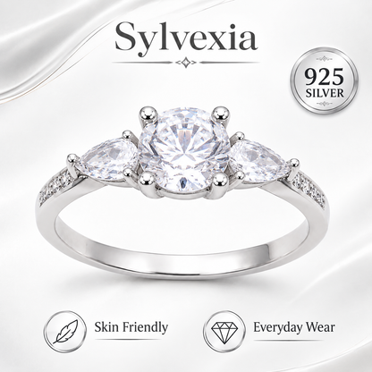 SYLVEXIA 925 Sterling Silver Three Stone Cubic Zirconia Ring for Women