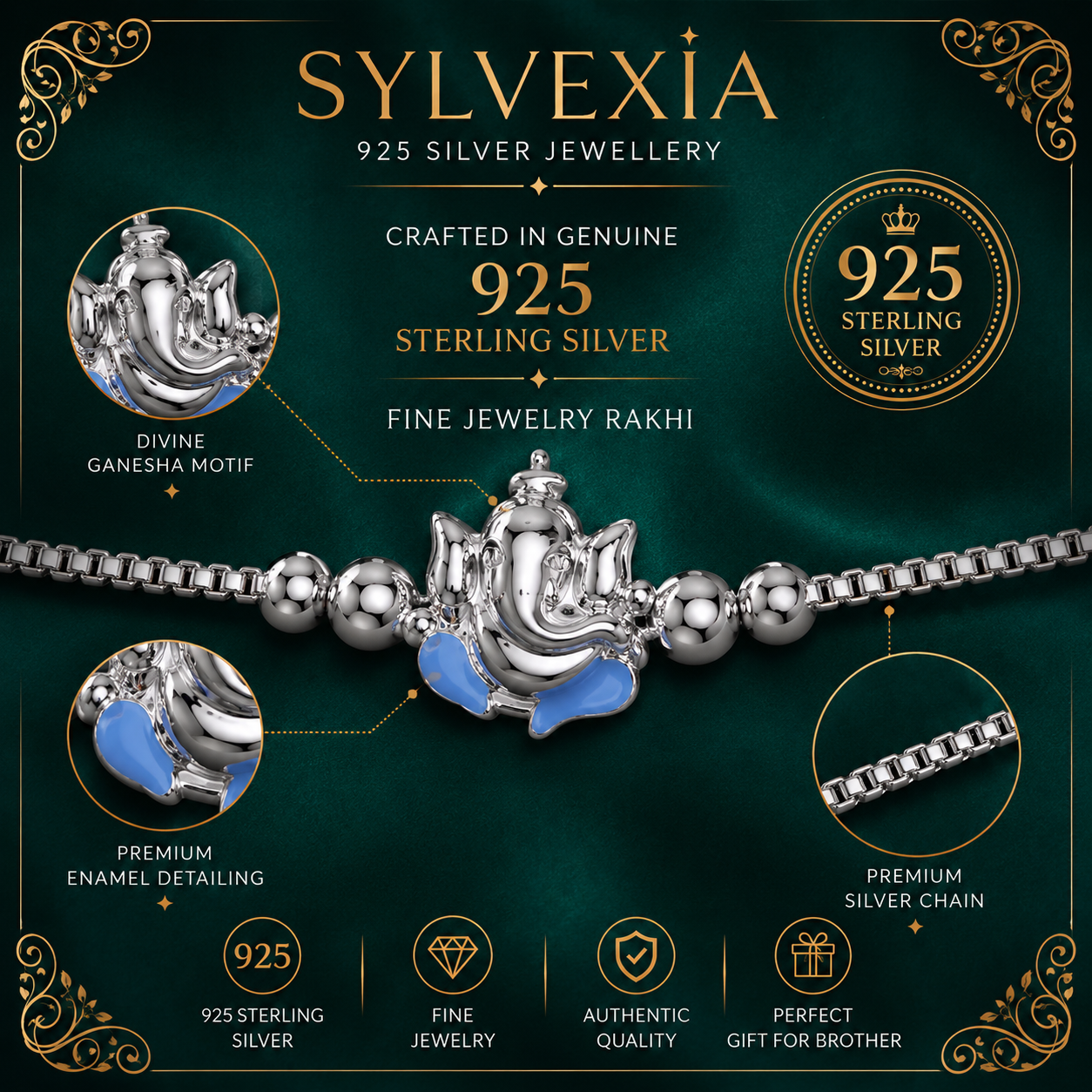 SYLVEXIA 925 Sterling Silver Blue Ganesha Rakhi Bracelet for Brother