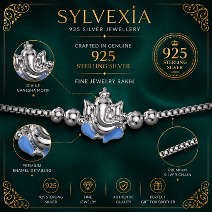 SYLVEXIA 925 Sterling Silver Blue Ganesha Rakhi Bracelet for Brother
