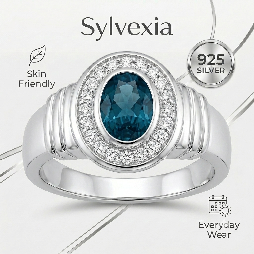 SYLVEXIA 925 Sterling Silver Oval Cut London Blue Topaz Halo Ring for Women